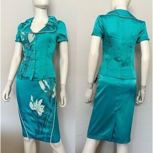 POLEN POE 2 PC SET SKIRT SUIT CRUMBLED BLOUSE/SATIN SKIRT SHORT SLEEVES FLORAL‎